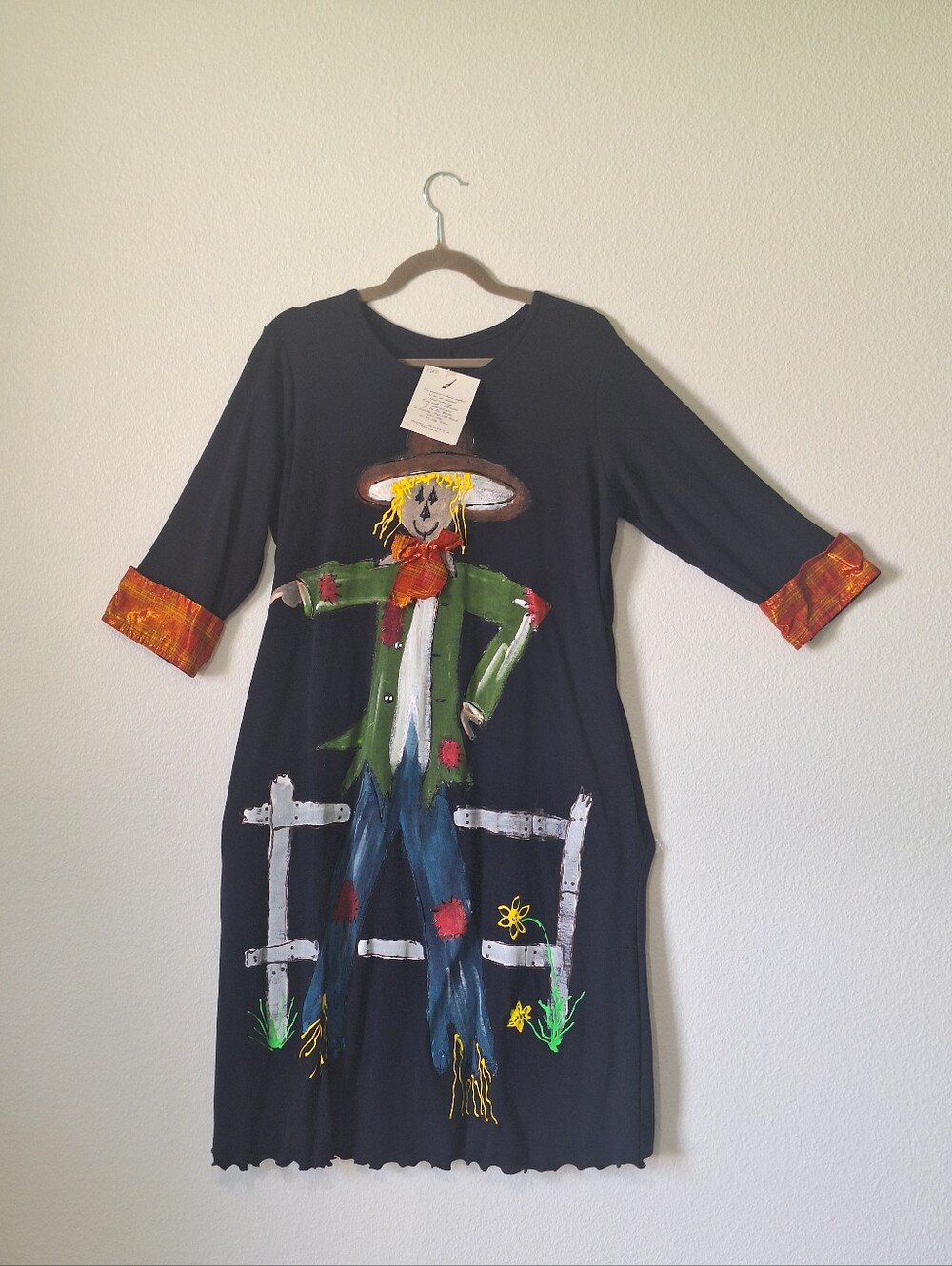 Vintage Shane Lee Hand Painted Scarecrow Dress Medium Halloween Fall Folk Art